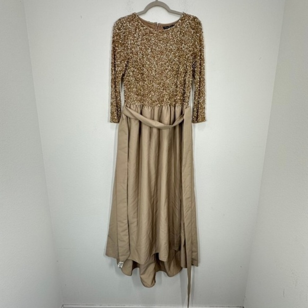 Pisarro Nights Beaded Bodice‎ Taffeta A-Line Gown Sequin Embellished Light Mocha - Picture 4 of 12